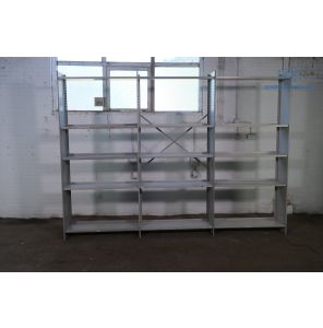 Tweedehands magazijnstelling 3 secties 4 legborden 302x220x34 cm