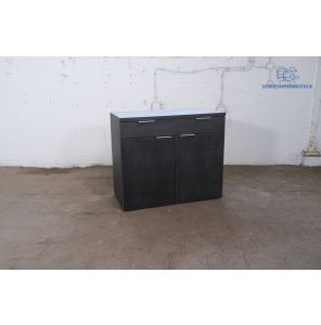 Tweedehands houten opbergkast met lade en grijs topblad 104x120x60